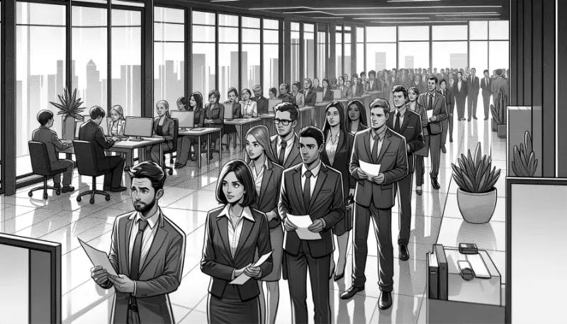 A queue of people waiting for a job interview